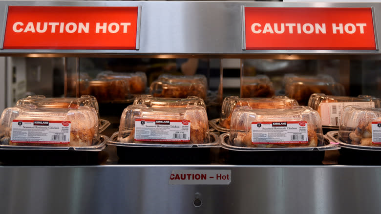 Packaged Costco rotisserie chickens on display