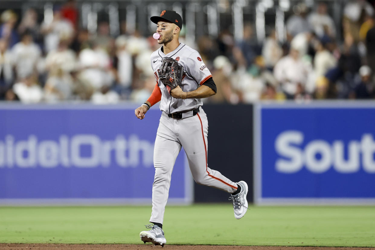 San Francisco Giants center fielder Grant McCray leaves the field after his team's win over the San Diego Padres in a baseball game Saturday, Sept. 7, 2024, in San Diego. (AP Photo/Ryan Sun)