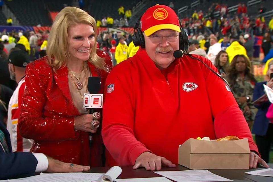 <p>ESPN/ YouTube</p> Tammy Reid and Andy Reid with his In-N-Out burgers after the 2024 Super Bowl.