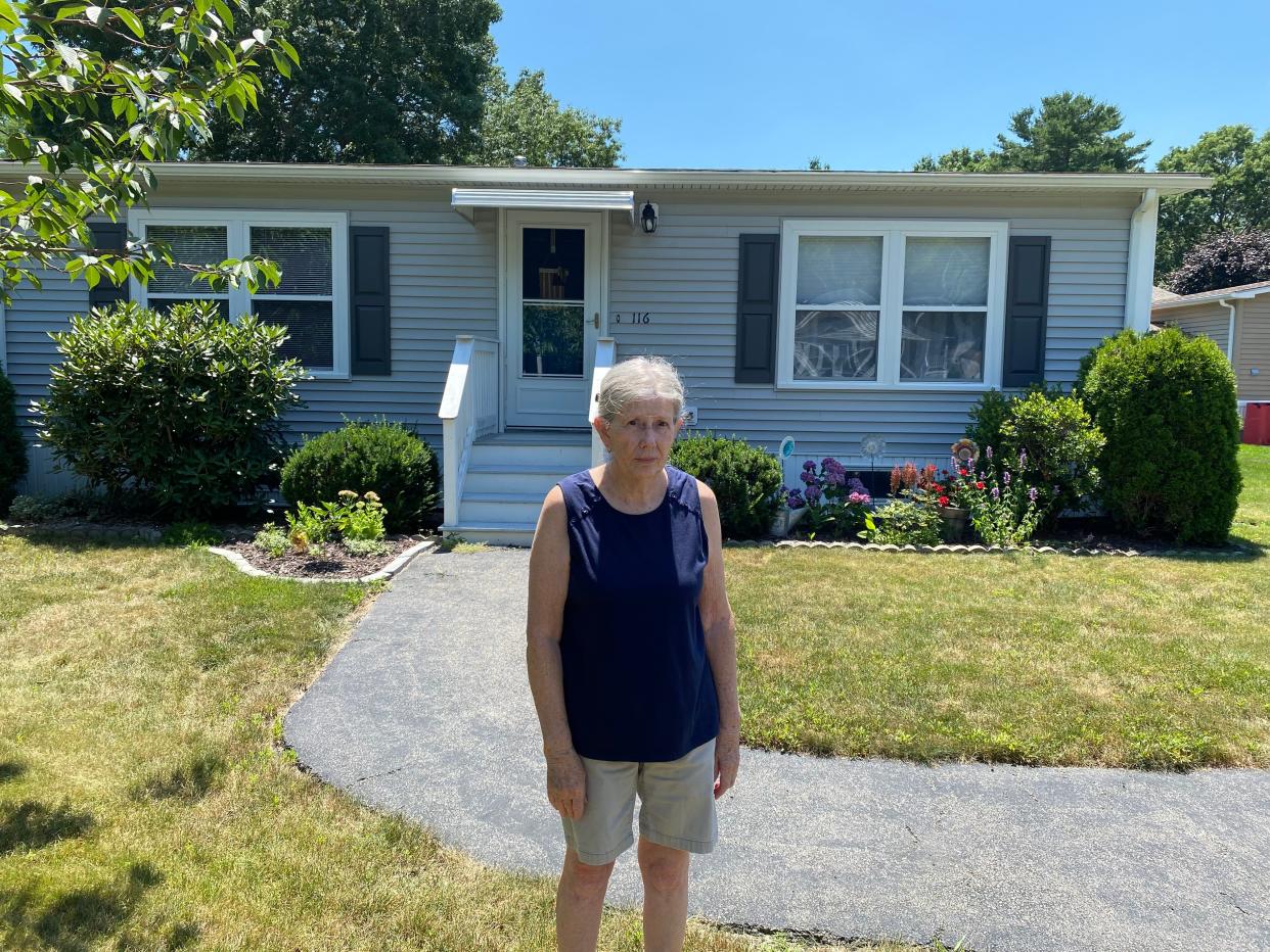 Leisurewoods resident Mary Jane Cummings stands outside her manufactured home off Highland Street in Taunton on Tuesday, July 16, 2024.