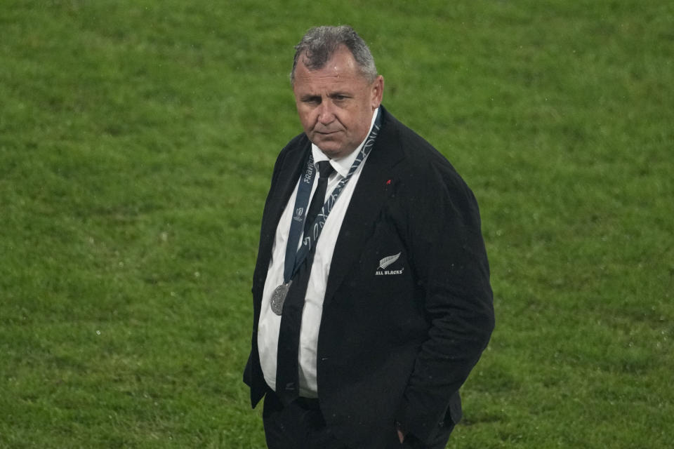 New Zealand's head coach Ian Foster stands on the pitch after the Rugby World Cup final match between New Zealand and South Africa at the Stade de France in Saint-Denis, near Paris Saturday, Oct. 28, 2023. (AP Photo/Themba Hadebe)