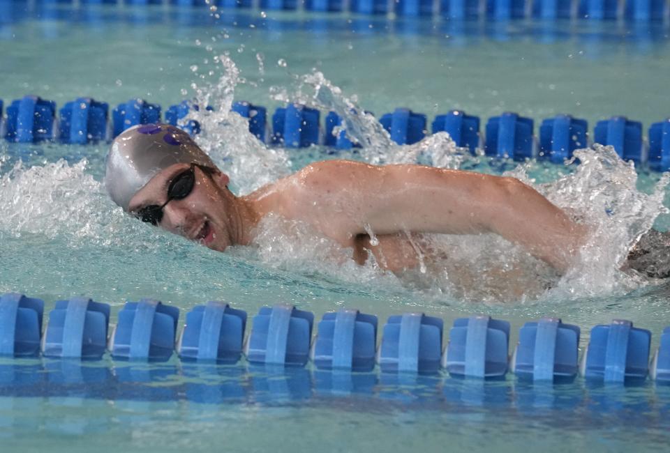 Adam Kiss of PCTI wins the boys 500 yard freestyle at the Passaic County Swimming Championships held at the Passaic Technical Institute in Wayne, NJ on January  21, 2023.