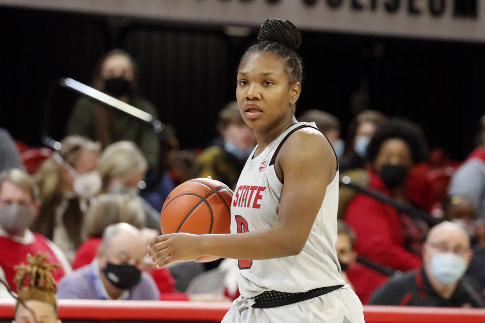 North Carolina State's Diamond Johnson (0) brings the ball down the court against Towson during the second half of an NCAA college basketball game, Monday, Nov. 15, 2021, in Raleigh, N.C. (AP Photo/Karl B. DeBlaker)