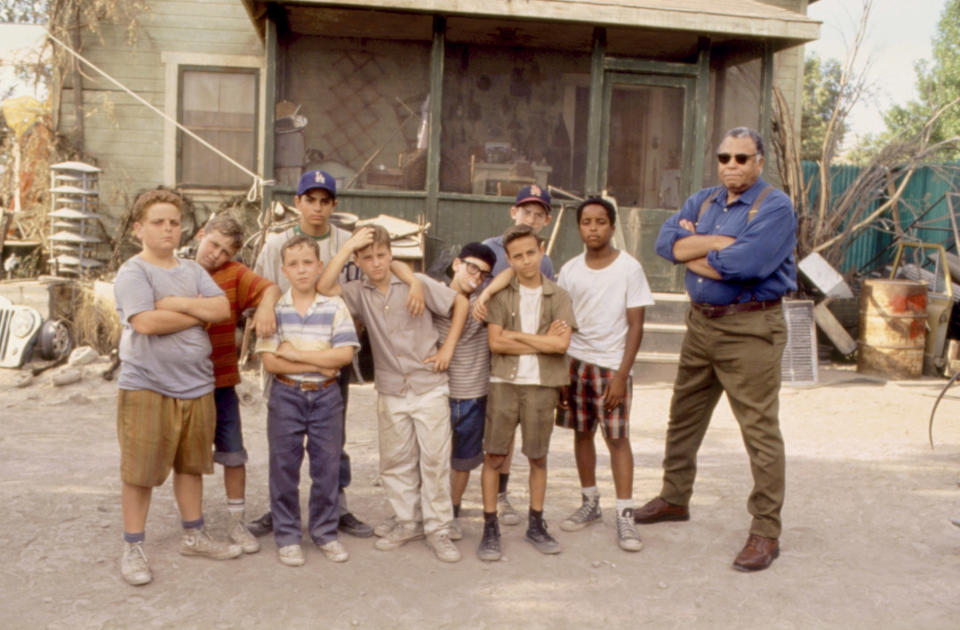 The cast of <em>The Sandlot</em> as they appeared in 1993, from left: Patrick Renna (Ham), Victor DiMattia (Timmy), Shane Obedzinski (Repeat), Mike Vitar (Benny), Tom Guiry (Smalls), Chauncey Leopardi (Squints), Marty York (Yeah-Yeah), Grant Gelt (Bertram), Brandon Quintin Adams (Kenny), and James Earl Jones (Mr. Mertle). (Photo: 20th Century Fox/Courtesy Everett Collection)