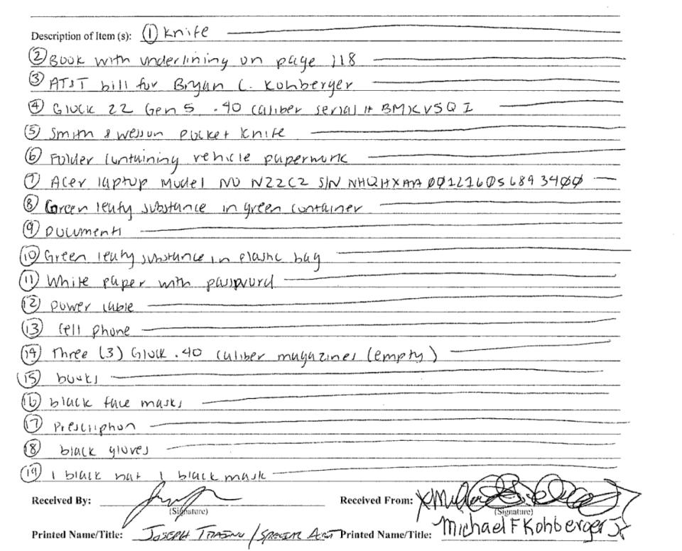 <div class="inline-image__caption"><p>A partial list of the items seized by cops at the home of Bryan Kohberger's parents in December.</p></div> <div class="inline-image__credit">Monroe County Clerk of Court</div>