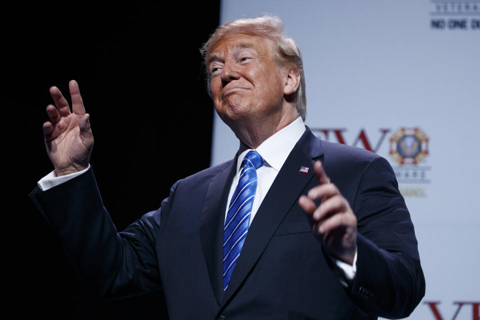 President Trump arrives at the national convention of the Veterans of Foreign Wars in Kansas City, Mo., on July 24, 2018. (Photo: Evan Vucci/AP)