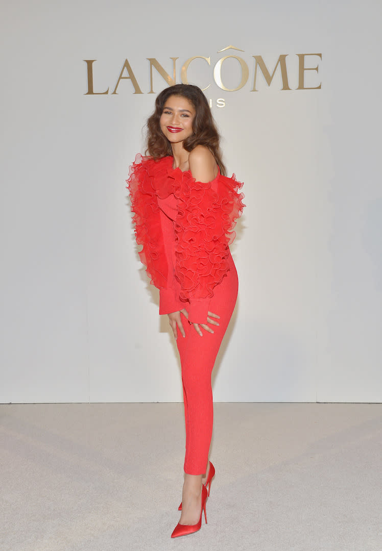 <p>Zendaya opted for a ruffled David Koma jumpsuit at the Lancôme event where she was announced as the beauty brand’s new ambassador. <em>[Photo: Getty]</em> </p>