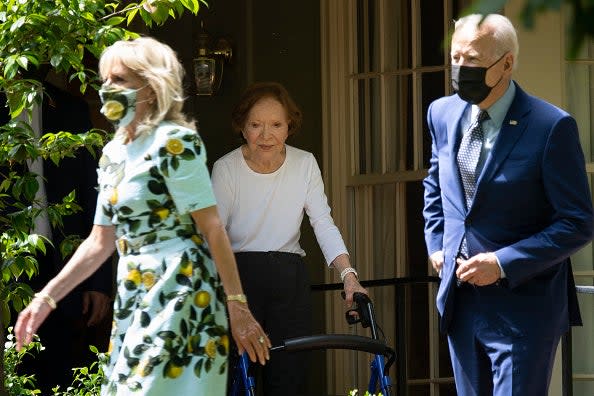 Former First Lady Rosalynn Carter (C) walks US President Joe Biden and US first lady Dr. Jill Biden out after they after visited former US President Jimmy Carter, April 29, 2021, in Plains, Georgia. (AFP via Getty Images)