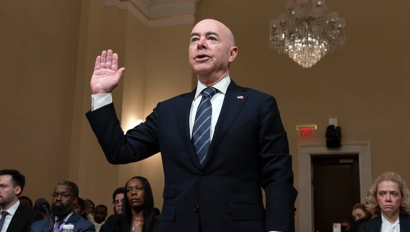 Homeland Security Secretary Alejandro Mayorkas is sworn in before the House Committee on Homeland Security during a hearing on a review of the fiscal year 2025 budget request for the Department of Homeland Security on Capitol Hill in Washington, Tuesday, April 16, 2024.