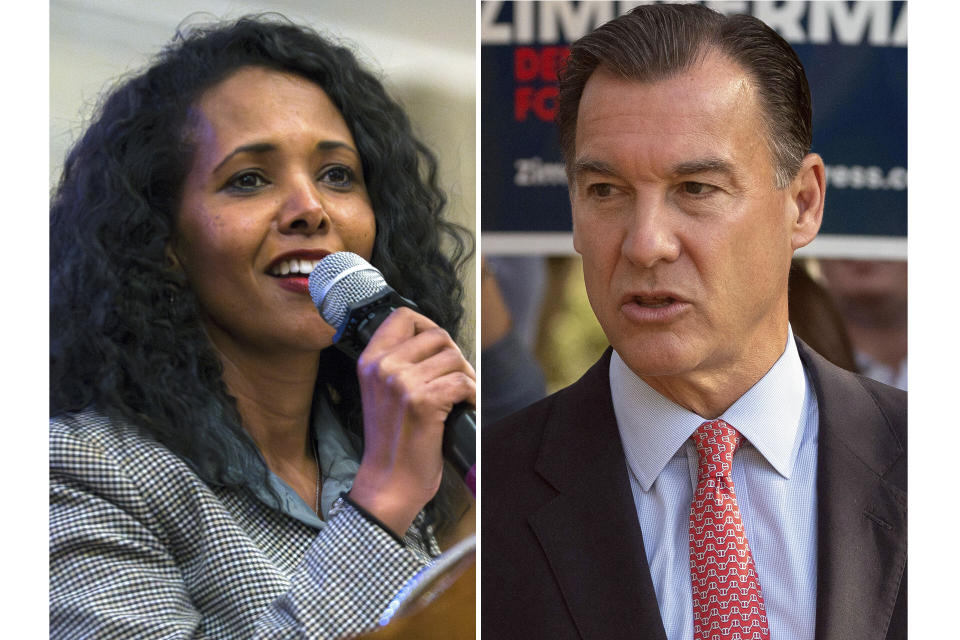 Congressional candidates, Mazi Pilip, left, and former U.S. Rep. Tom Suozzi are shown in this combination of file photos.  / Credit: AP Photos/ Brittainy Newman & John Minchillo,