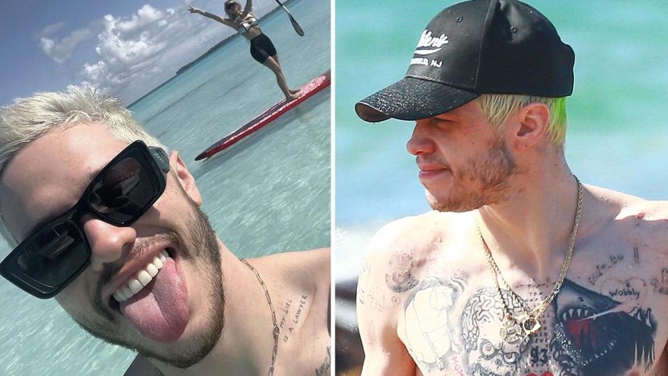 Pete Davidson with blonde hair sticking his tongue out with the 'My Girl Is A Lawyer' evidently above his collarbone, wearing black sunglasses and a chain necklace while Kim Kardashian stands up behind him on a paddleboard split Pete Davidson with bright green hair, a black hat, and what appears to be a clean neck with no 'My Girl Is A Lawyer' tattoo