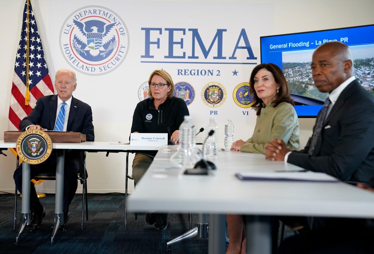 From left, President Joe Biden, Federal Emergency Management Agency Administrator Deanne Criswell, New York Gov. Kathy Hochul, and New York City mayor Eric Adams attend a meeting at the FEMA Region 2 office in New York, Thursday, Sept. 22, 2022. 