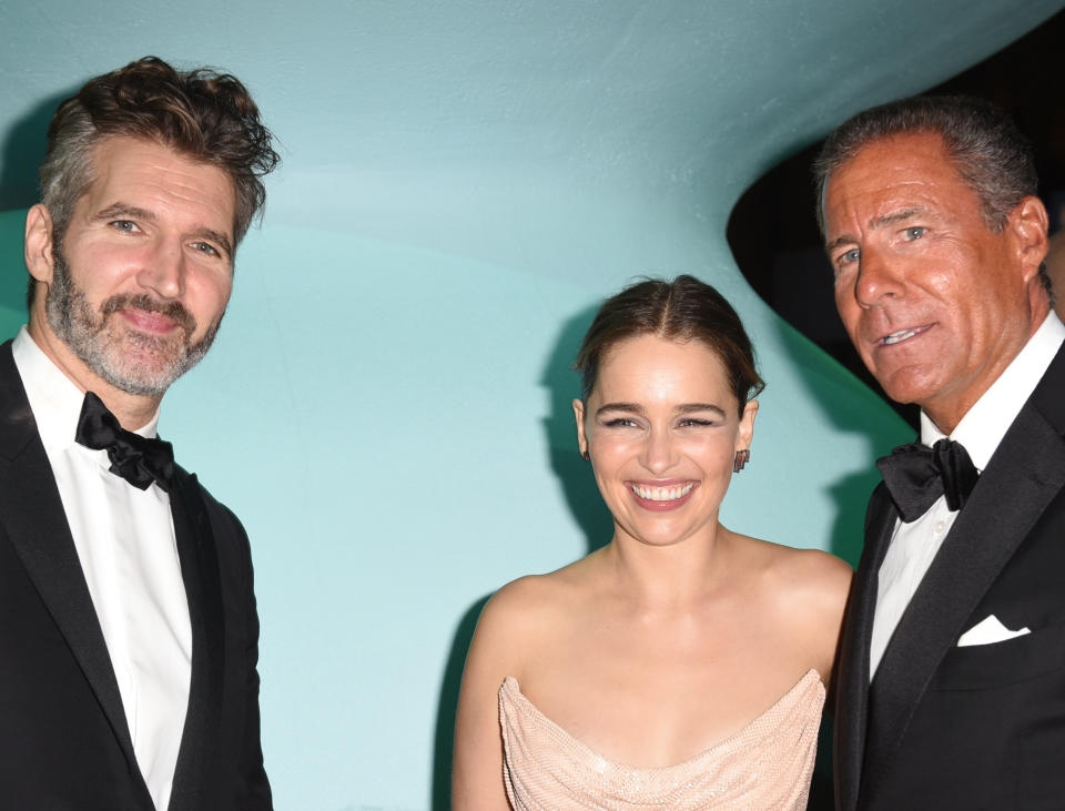 Writer/producer David Benioff, actress Emilia Clarke and Chairman &amp; CEO, HBO, Richard Plepler attend HBO's Official 2016 Emmy After Party at The Plaza at the Pacific Design Center on Sept. 18.