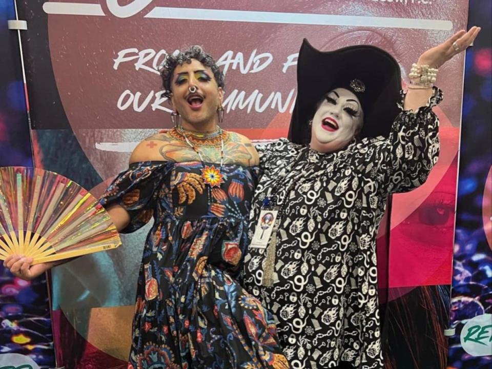 Sister Electra-Complex, right, modelling the headdress of the LA chapter (known as a ‘hoobie-doobie’) (Sister Electra-Complex/LA Sisters of Perpetual Indulgence)