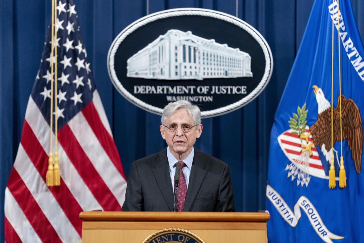 Attorney General Merrick Garland speaks at the Department of Justice on April 21.