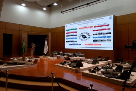 Saudi defence ministry spokesman Colonel Turki Al-Malik displays remains of the missiles which Saudi government says were used to attack an Aramco oil facility, during a news conference in Riyadh