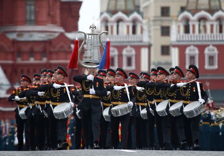 A Russian army band plays during the parade marking the World War II anniversary in Moscow. REUTERS/Maxim Shemetov