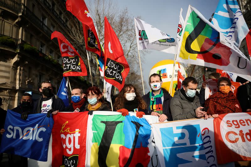 French teachers attend a nationwide day of strike and protests in France