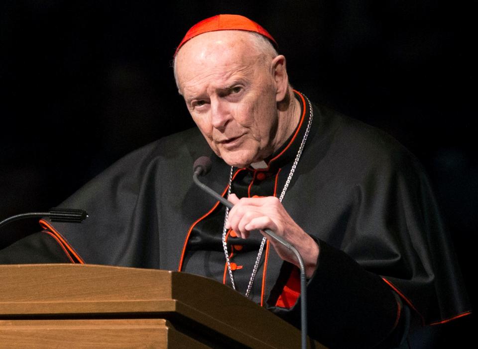 Former Cardinal Theodore McCarrick is pictured speaking during a memorial service in South Bend, Indiana.