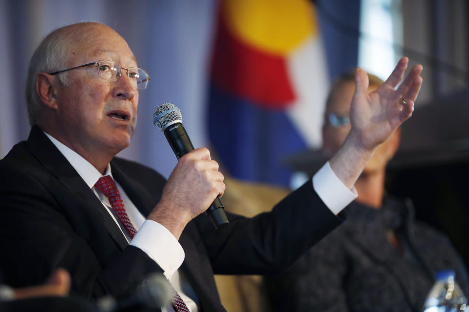 FILE - In this July 26, 2018, file photo, former Interior Secretary Ken Salazar speaks during the annual state of Colorado energy luncheon in Denver. President Joe Biden has unveiled picks for several high-profile ambassadorial postings, turning to a group that includes career diplomats, political allies and an American aviation hero. One is for Salazar to serve as ambassador to Mexico. (AP Photo/David Zalubowski, File)