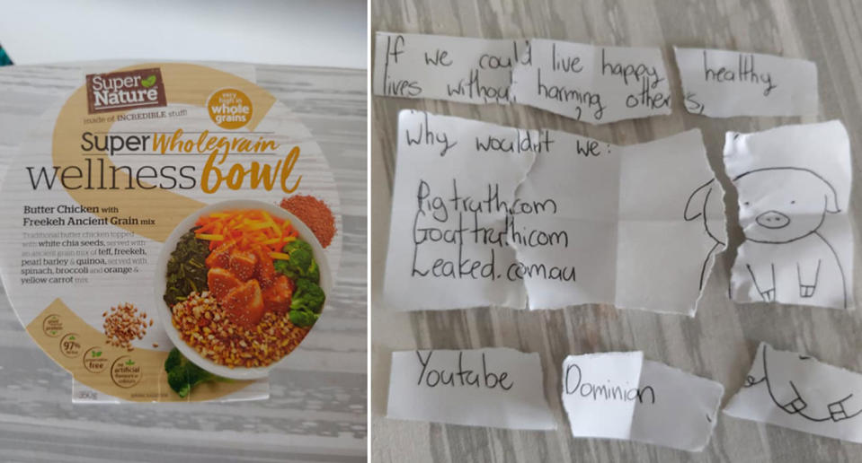 A Super Nature butter chicken wellness bowl and a torn up note warning people not to eat meat with a cartoon pig drawn on it.