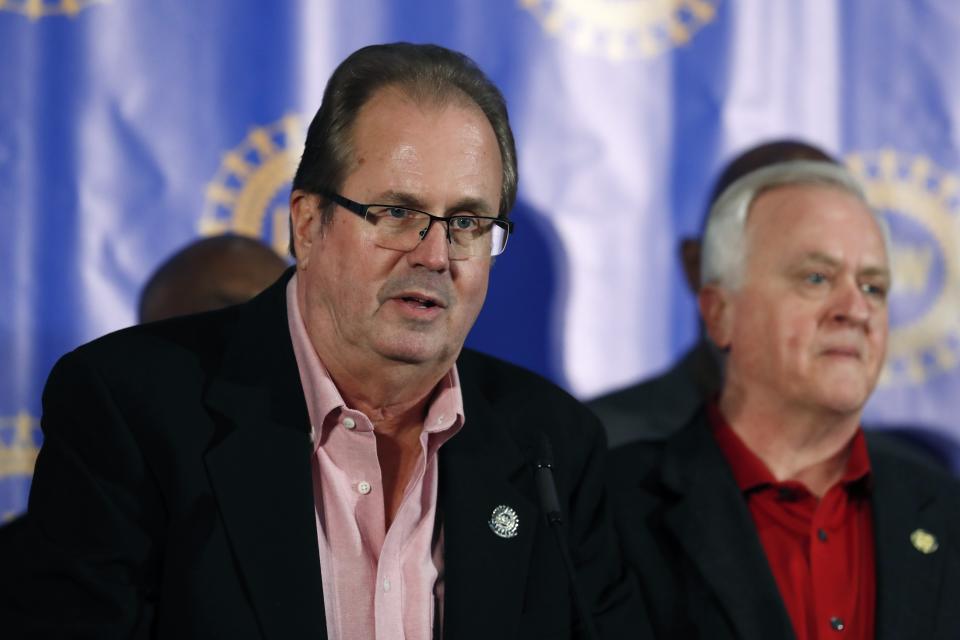 Gary Jones, president of the United Auto Workers union addresses the media after the union's bargaining convention in Detroit, Wednesday, March 13, 2019. Jones earlier said he is "deeply saddened and irritated" by a corruption scandal in which union officials are accused of accepting bribes from Fiat Chrysler executives. According to Jones, the union is "engaged in comprehensive reforms to make sure that this behavior never happens again." (AP Photo/Carlos Osorio)