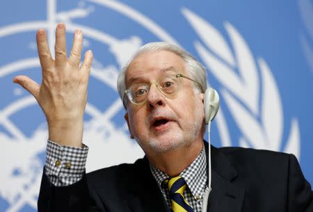 Paulo Pinheiro, Chairperson of the Commission of Inquiry on Syria, attends a news conference at the United Nations office in Geneva, Switzerland September 6, 2017. REUTERS/Denis Balibouse