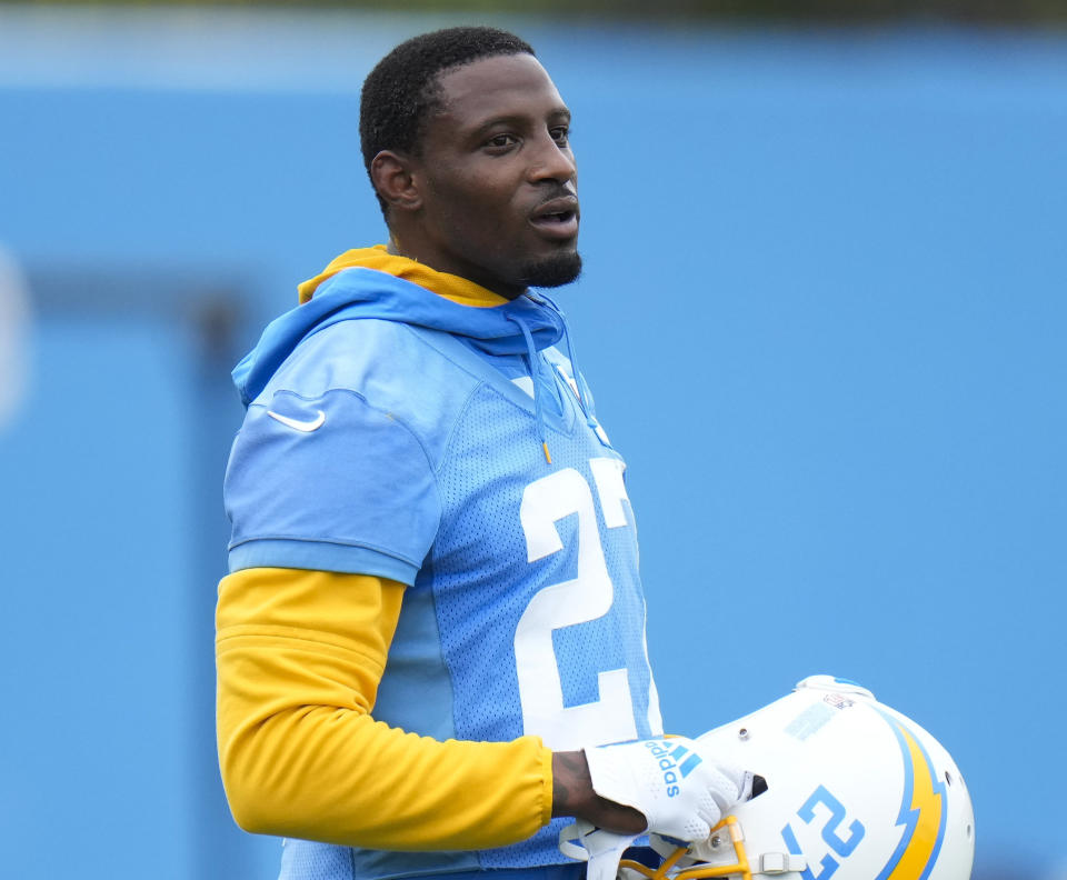 FILE - Los Angeles Chargers cornerback J.C. Jackson stands on the field during the NFL football team's camp in Costa Mesa, Calif., Wednesday, June 14, 2023. An arrest warrant has been issued for Jackson after he failed to appear for a court hearing on traffic charges in Massachusetts. (AP Photo/Jae C. Hong, File)