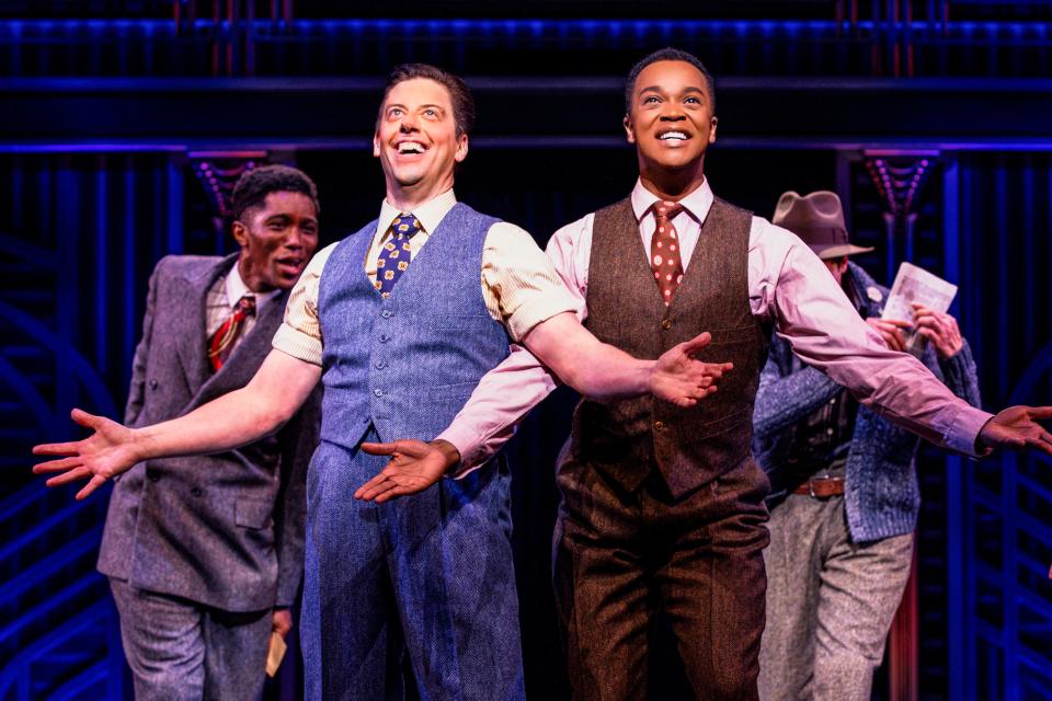 Christian Borle, left, and J. Harrison Ghee play musicians and entertainers who hide out in an all-female band after witnessing a murder in the new Broadway musical “Some Like it Hot.”