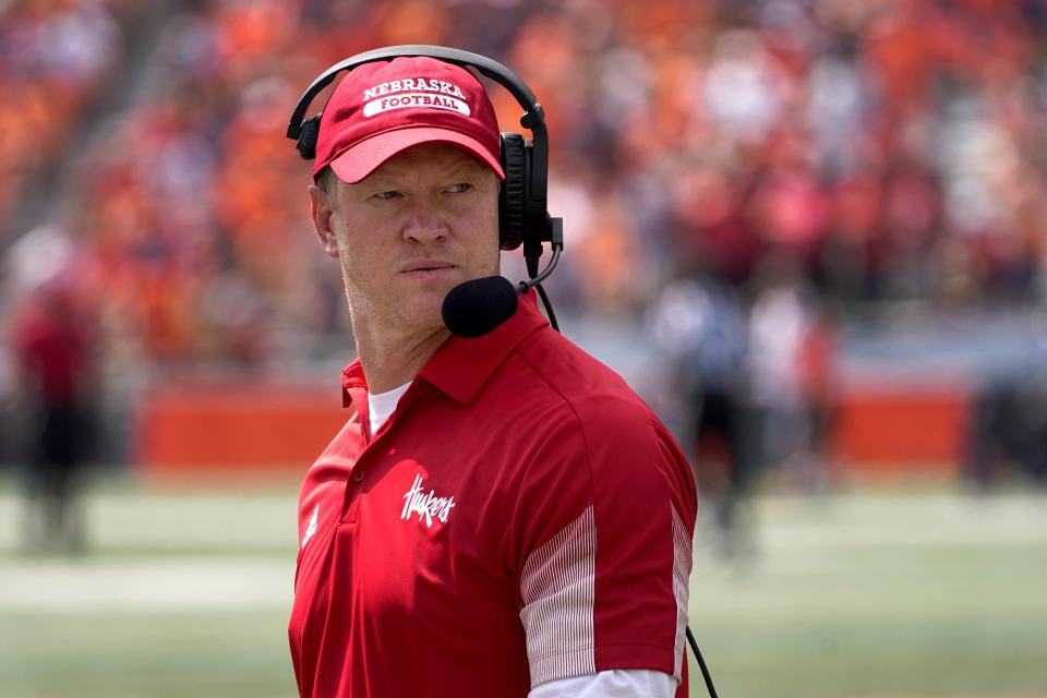 Nebraska coach Scott Frost looks down the sideline during the first half against Illinois on Saturday in Champaign, Ill.