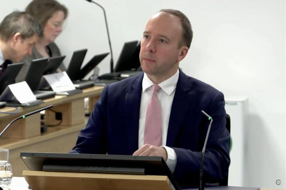 Former health secretary Matt Hancock giving evidence to the UK Covid-19 Inquiry (PA Wire)