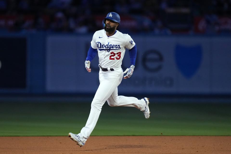 Dodgers outfielder Jason Heyward rounds the bases after hitting a home run earlier this season.