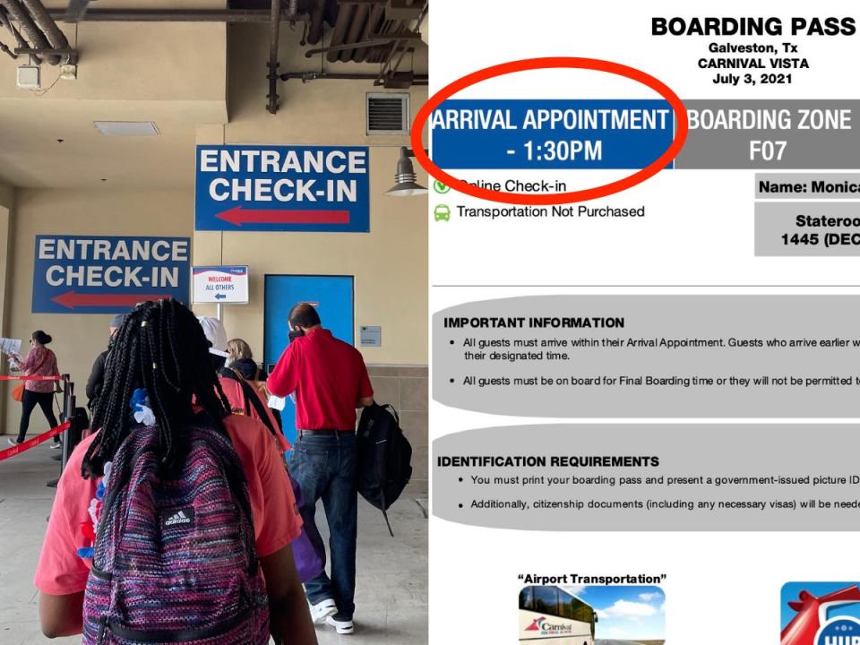 An image of signage pointing to the cruise check-in area and a screenshot of my boarding pass, which includes my check-in time.