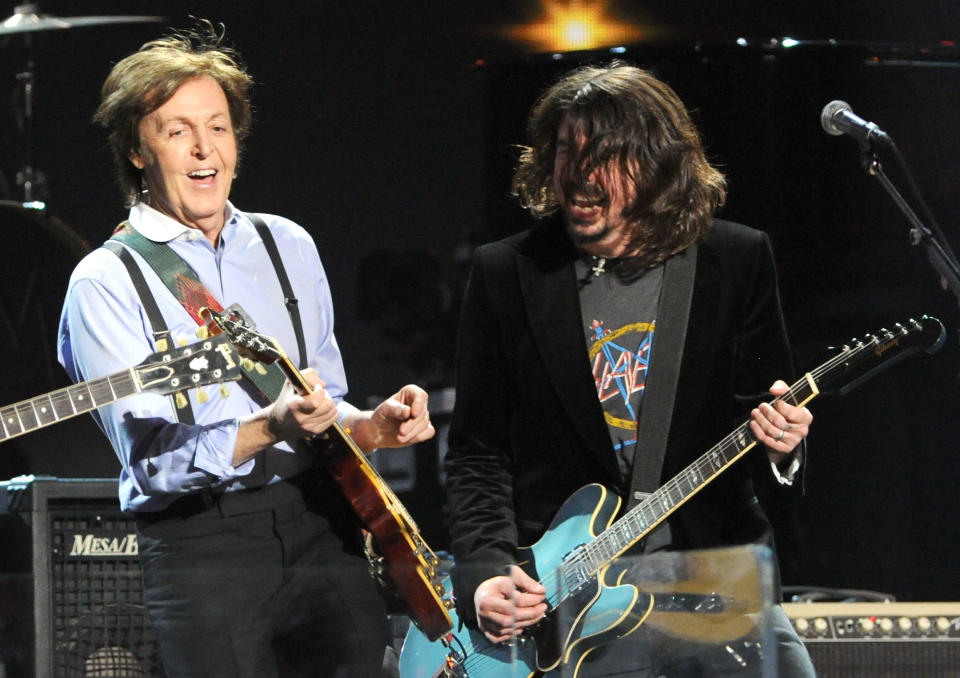 Paul McCartney and Dave Grohl perform onstage at the 54th Annual GRAMMY Awards held at Staples Center on February 12, 2012 in Los Angeles, California.&nbsp;