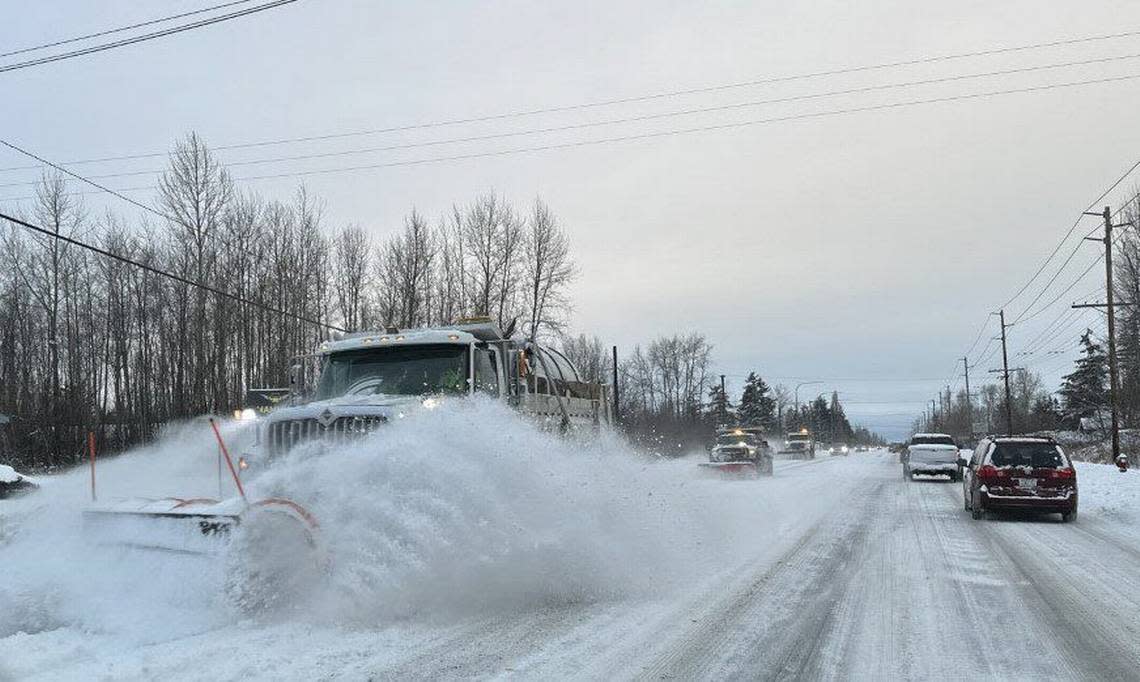 City plows clear snow from Guide Meridian on Tuesday, Dec. 20, in Bellingham.