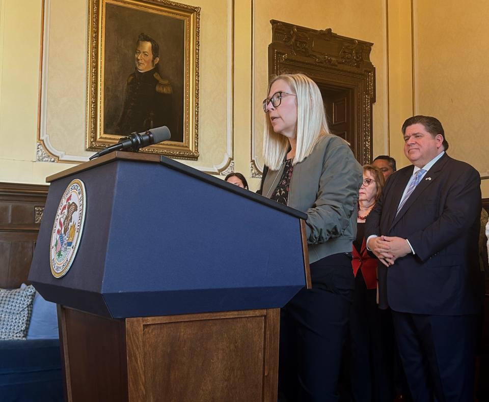 Dr. Leslie Dignan-Moore, an obstetrician and gynecologist at Springfield Clinic, discusses a healthcare reform package led Gov. JB Pritzker at the Illinois State Capitol on Wednesday, March 13, 2024.