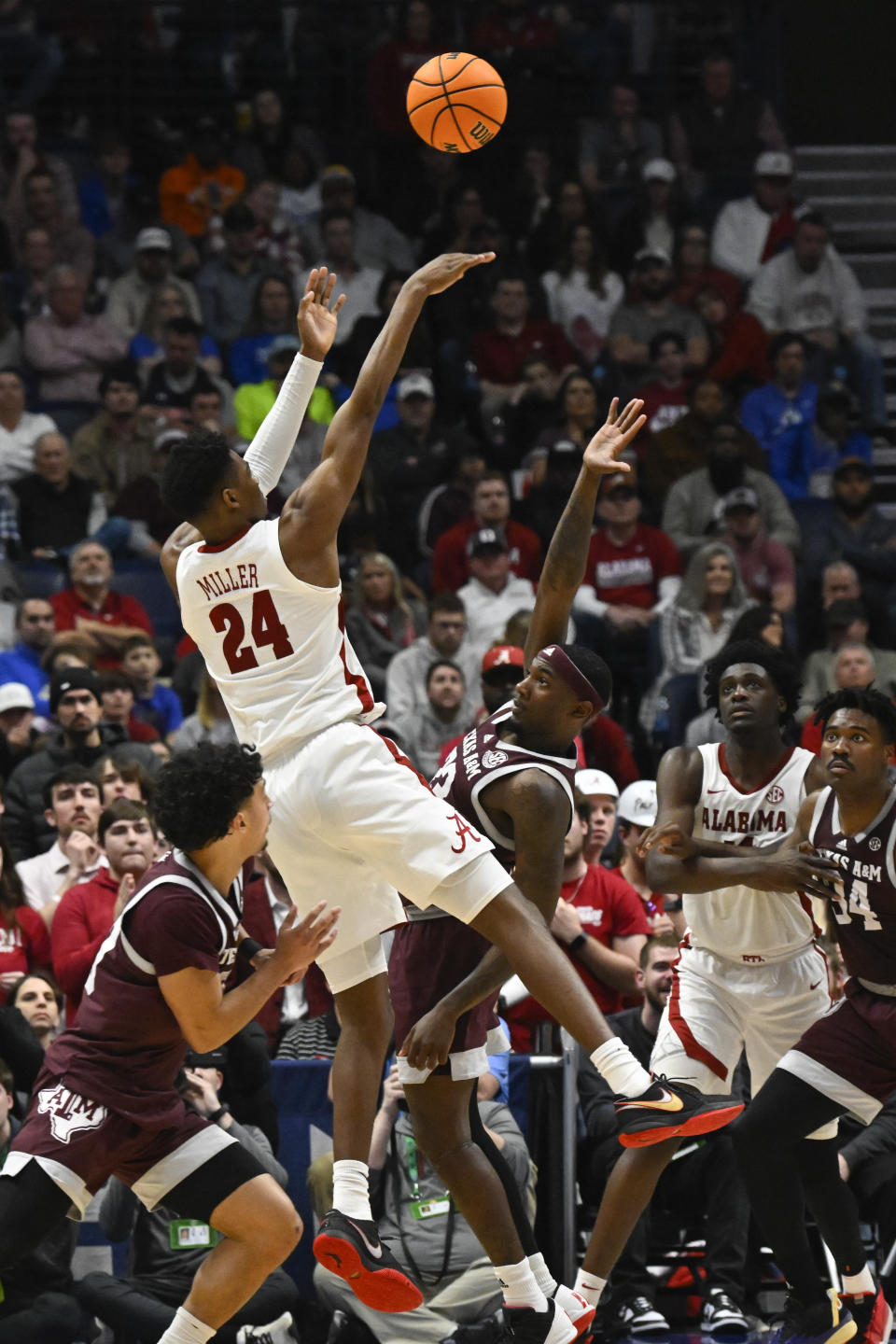 Alabama forward Brandon Miller shoots against Texas A&M during the second half of an NCAA college basketball game in the finals of the Southeastern Conference Tournament, Sunday, March 12, 2023, in Nashville, Tenn. (AP Photo/John Amis)