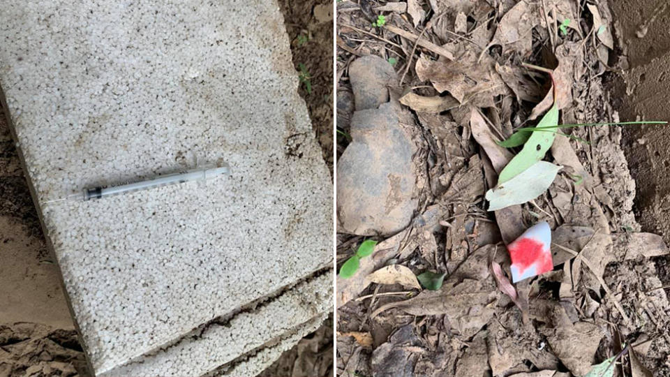 A syringe found at the Campbelltown park, and a bloody cloth. Source: Facebook