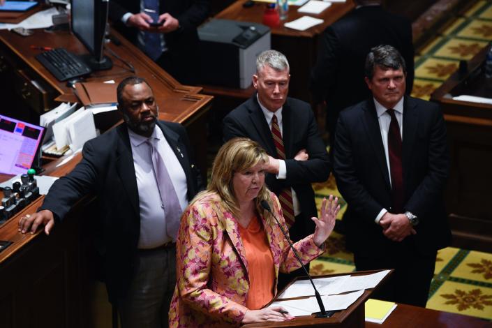 Rep. Gloria Johnson, D-Knoxville, speaks ahead of a vote to expel her from the House of Representatives at the Tennessee state Capitol in Nashville, Tenn., on Thursday, April 6, 2023. The effort to remove her from office failed by one vote.