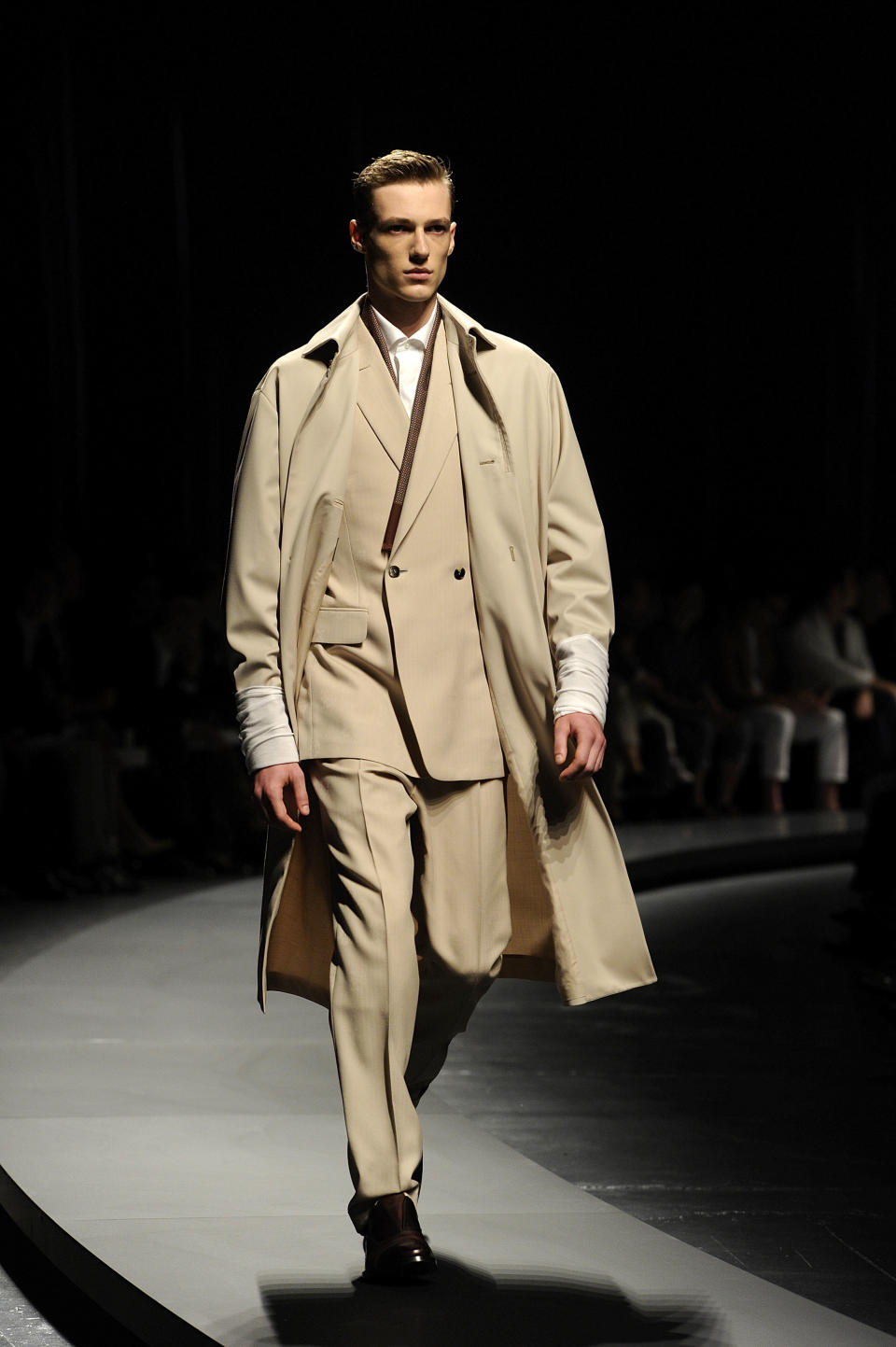 A model wears a creation for Ermenegildo Zegna men's Spring-Summer 2014-15 collection part of the Milan Fashion Week, unveiled in Milan, Italy, Saturday, June 22, 2013. (AP Photo/Giuseppe Aresu)