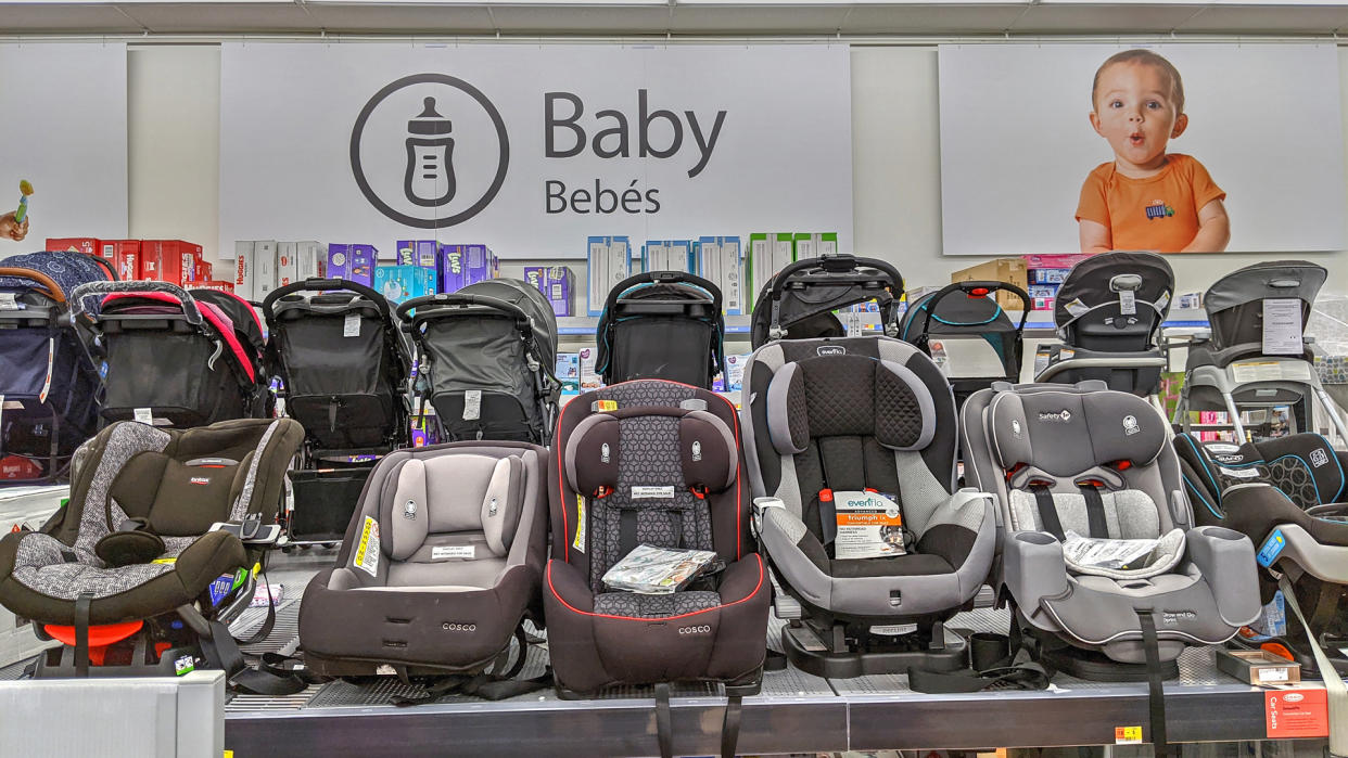 Walmart retail store baby products section, safety portable car seats, Lynn Massachusetts USA, December 20, 2019.