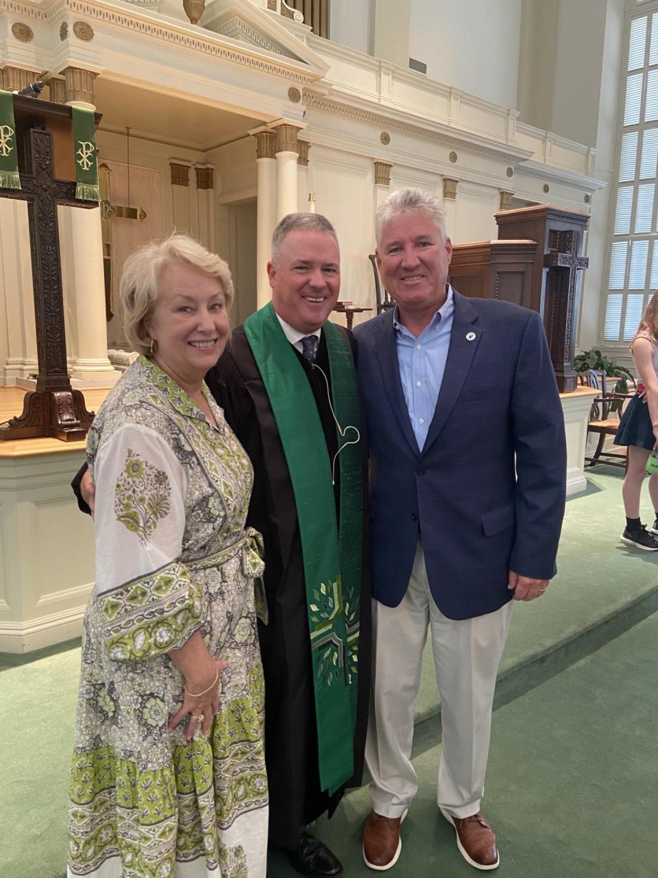 The Rev. Dr. Kyle Reese is flanked by Pastoral Search Committee Chairwoman Nancy Sutton and her husband, Billy.