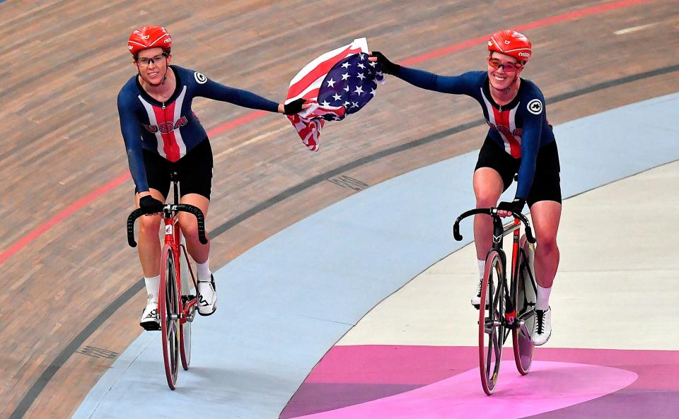 Christina Birch (left) of Gilbert and Kimberly Geist after winning the Madison track cycling race at the 2019 Pan American Games in Lima, Peru.
