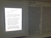 The digital transcriptions of Raffles' letters are captured in the iBooks app on iPads placed beneath the actual letters in the exhibition. Transcriptions of the letters are also reproduced in printed descriptions below the actual handwritten letters. (Yahoo! photo)