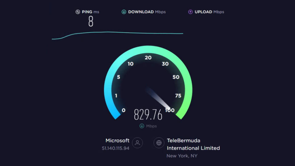 Screenshot of our Speedtest.net performance benchmarking, displaying a peak speed of 829mbps