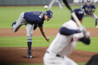 Tampa Bay Rays starting pitcher Tyler Glasnow delivers a pitch to a Houston Astros batter during the first inning of Game 5 of a baseball American League Division Series in Houston, Thursday, Oct. 10, 2019. (AP Photo/Eric Gay)