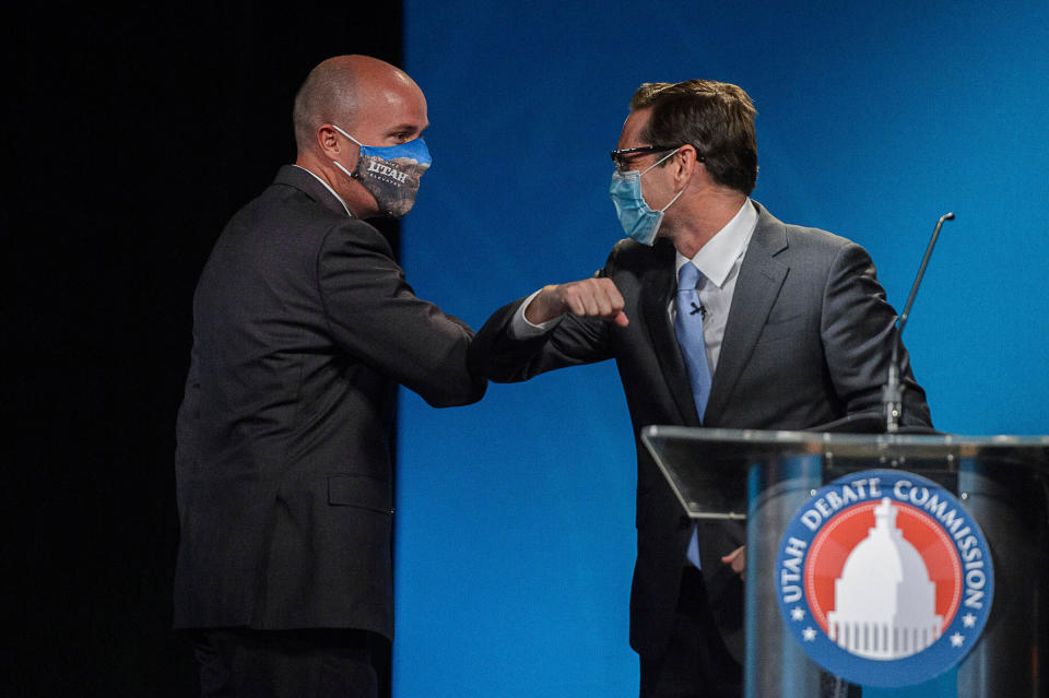 Then-Lt. Gov. Spencer Cox, left, and Democrat Chris Peterson at a September 2020 debate in Salt Lake City<span class="copyright">Trent Nelson—The Salt Lake Tribune/AP</span>