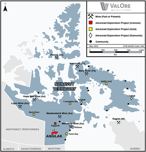 Figure 3: Regional setting of Angilak Property Uranium Project, in relation to operating and past-producing mines, advanced exploration projects, and communities.