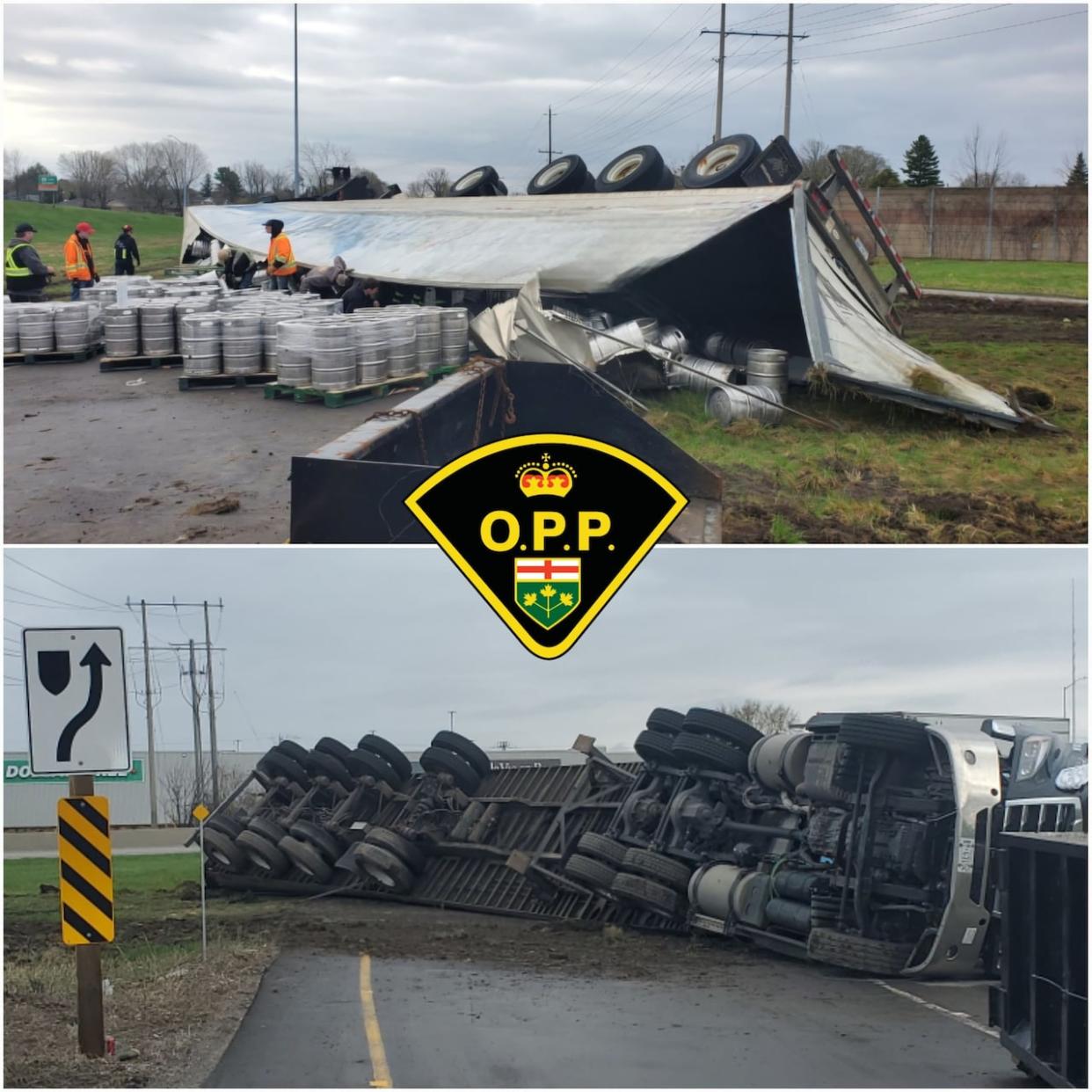 Two Highway 401 ramps were closed at an interchange in Brockville, Ont., after a truck hauling beer kegs rolled over on Friday morning. (Ontario Provincial Police - East Region/Facebook - image credit)
