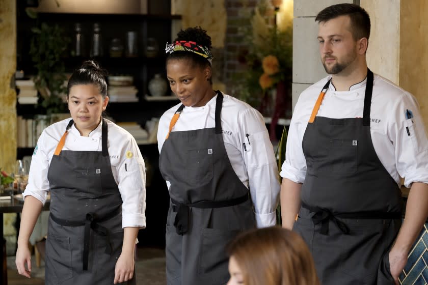 Top Chef -- Bravo TV Series, TOP CHEF -- "Pan African Portland" Episode 1803 -- Pictured: (l-r) Jamie Tran, Dawn Burrell, Gabriel Pascuzzi -- (Photo by: David Moir/Bravo) "Top Chef" on Bravo.